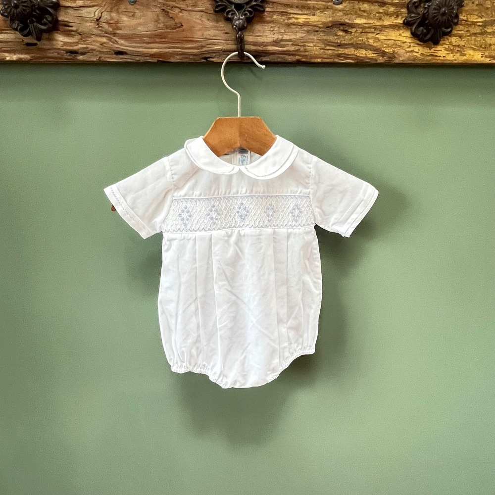 Feltman Brothers Vintage White Smocked Bubble Romper Blue Embroidery 6M